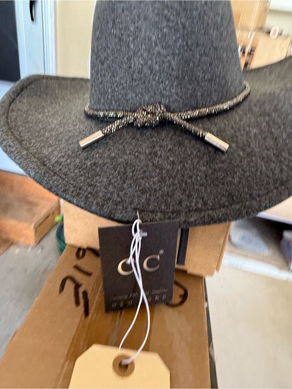 C.C. Boutique Charcoal Wool Western Hat with Braided Cord